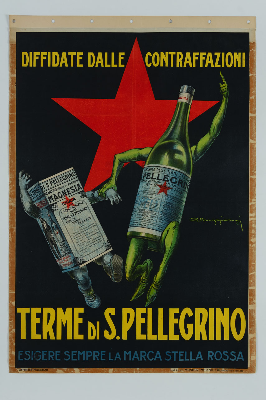 bottiglia d'acqua prende per mano confezione di magnesia con stella rossa sullo sfondo (manifesto) di Muggiani Giorgio (sec. XX)