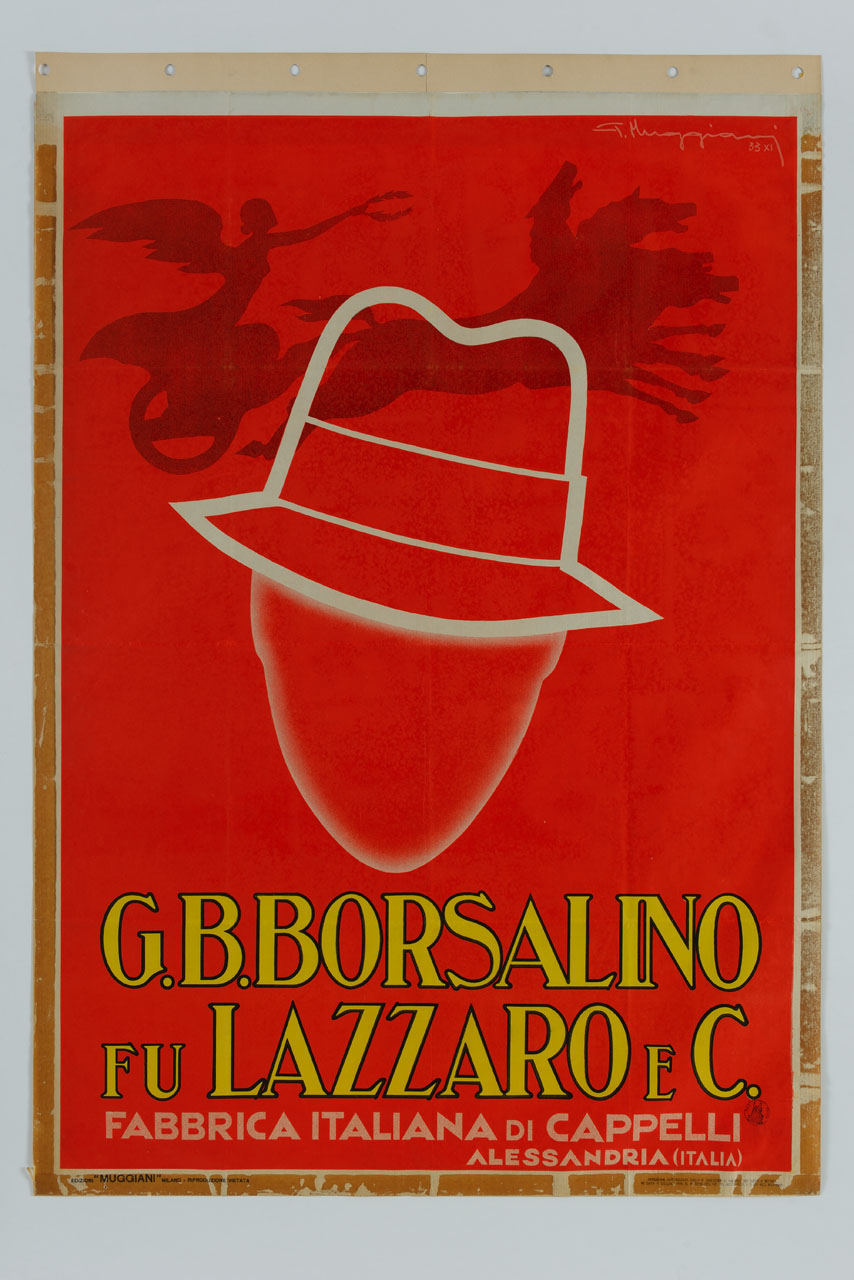 cappello da uomo sovrapposto ad auriga trainata da cavalli (manifesto) di Muggiani Giorgio (sec. XX)