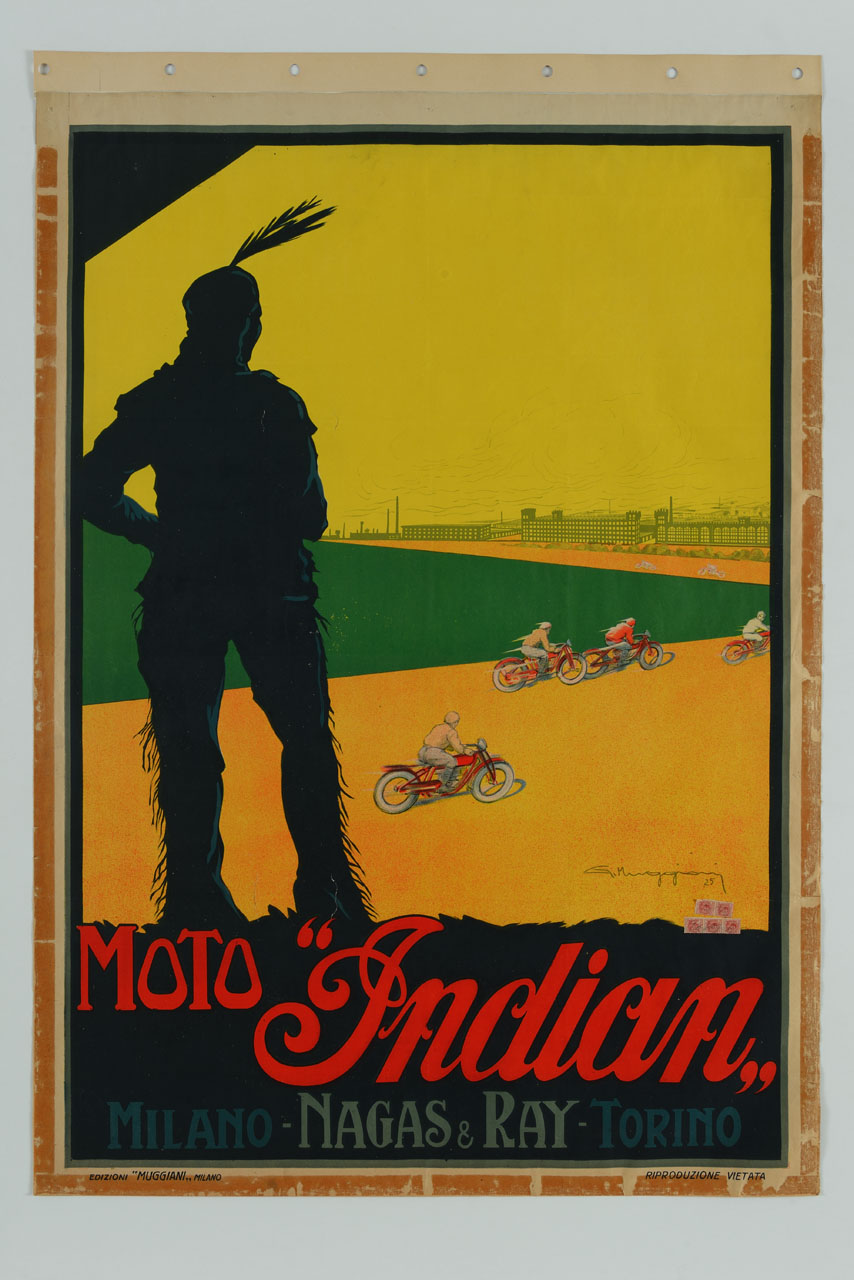 indiano d'America osserva una gara di moto (manifesto) di Muggiani Giorgio (sec. XX)