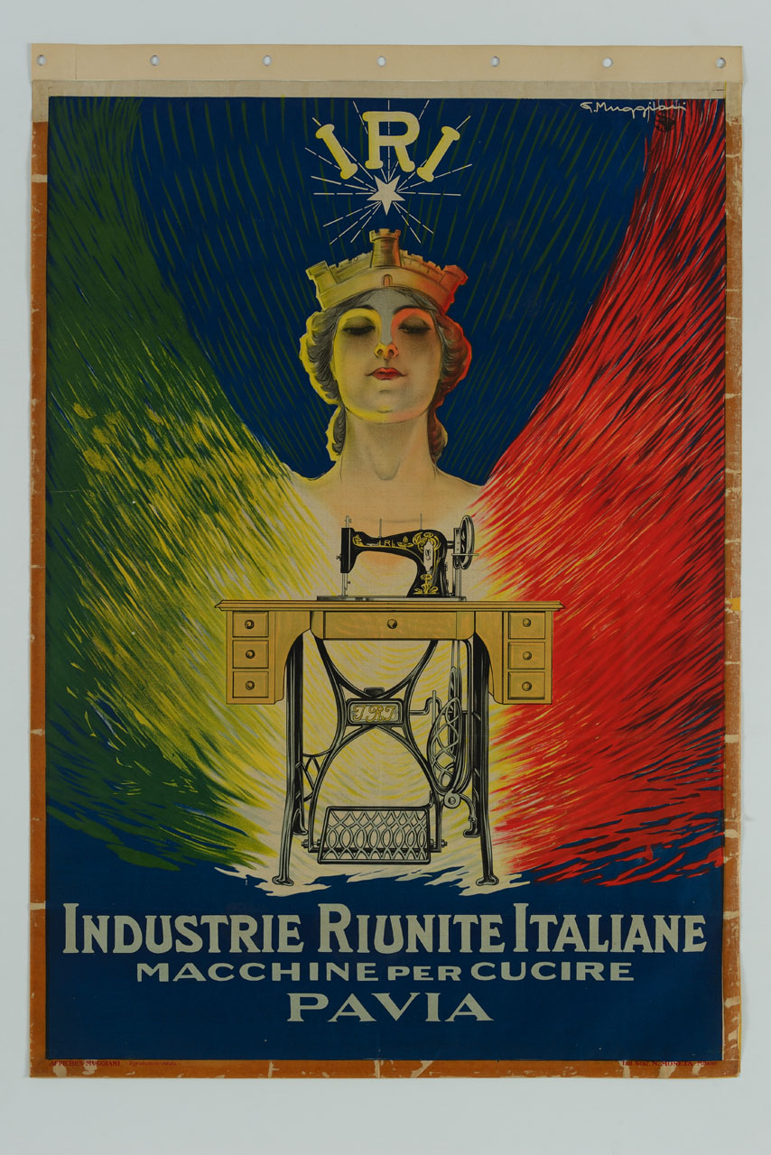 macchina per cucire sovrastata da personificazione dell'Italia circondata dai colori della bandiera italiana (manifesto) di Muggiani Giorgio (sec. XX)