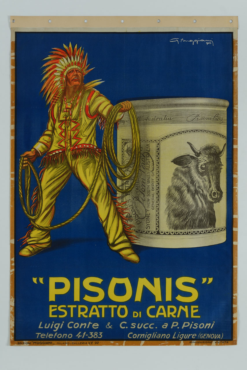 indiano d'America con lazo e confezione di estratto di carne (manifesto) di Muggiani Giorgio (sec. XX)