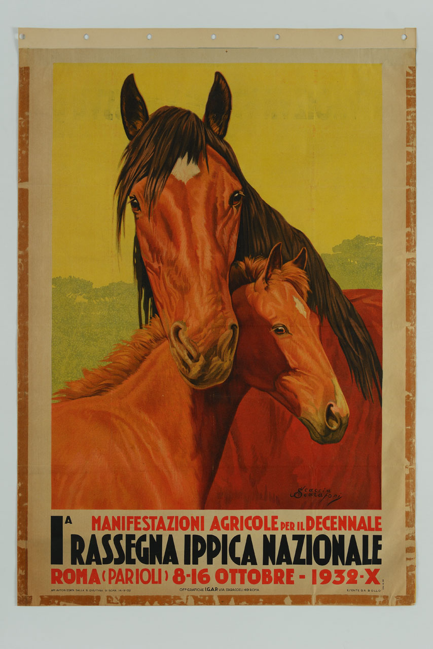 cavallo e puledro con teste ravvicinate (manifesto) di Scaccia Scarafoni Arduino (sec. XX)