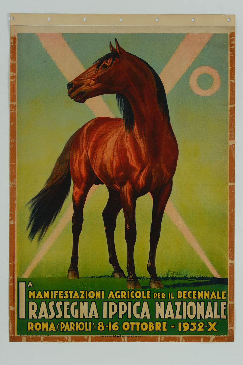 cavallo sullo sfondo del numero romano X (manifesto) di Scaccia Scarafoni Arduino (sec. XX)