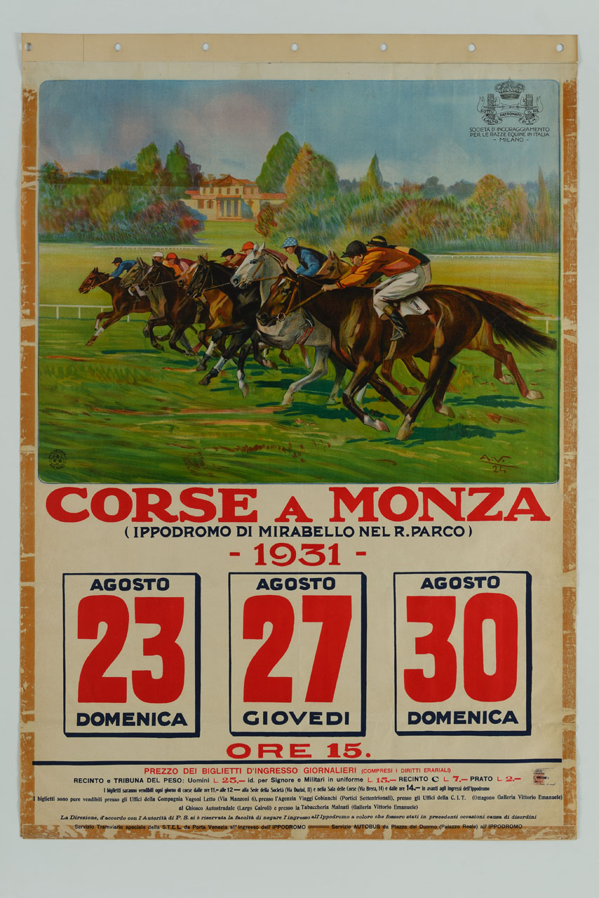 cavalli e fantini durante una gara ippica nel regio parco di Monza (manifesto) - ambito italiano (sec. XX)