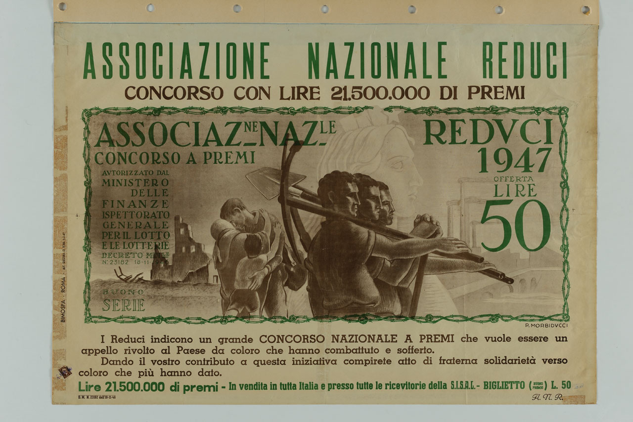 personificazione dell'Italia e figure sullo sfondo di un paesaggio in rovina e di un paesaggio industriale (manifesto) di Morbiducci Publio (sec. XX)