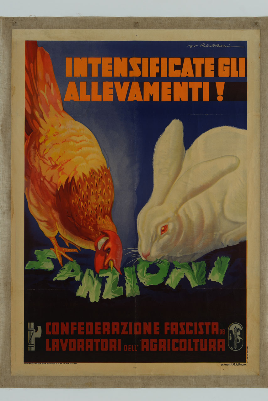 coniglio e gallina si cibano di foglie verdi componenti una scritta SANZIONI (manifesto) di Roveroni Walter (sec. XX)