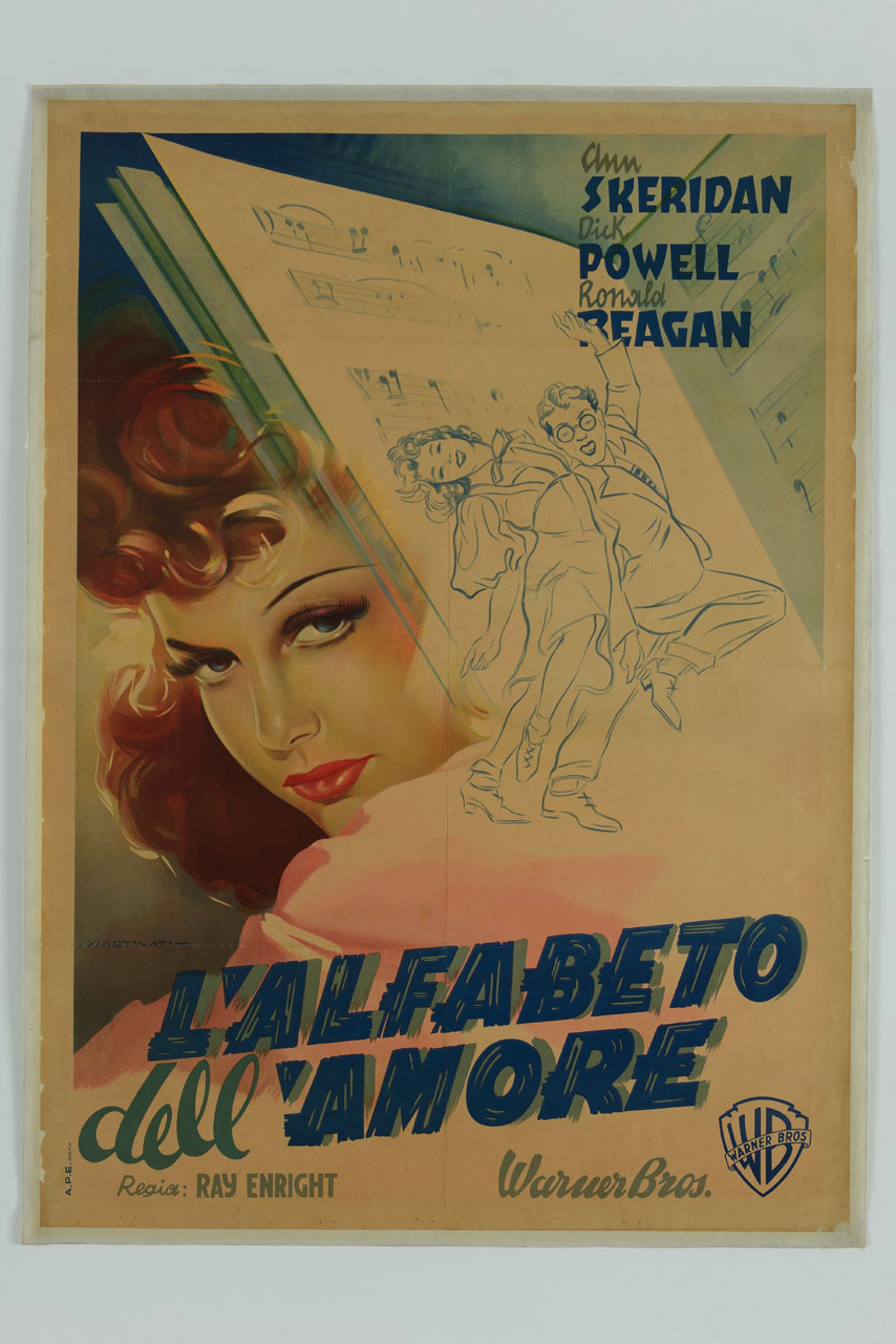 viso di donna accanto a coppia durante un ballo davanti ad uno spartito musicale (manifesto) di Martinati Luigi (sec. XX)