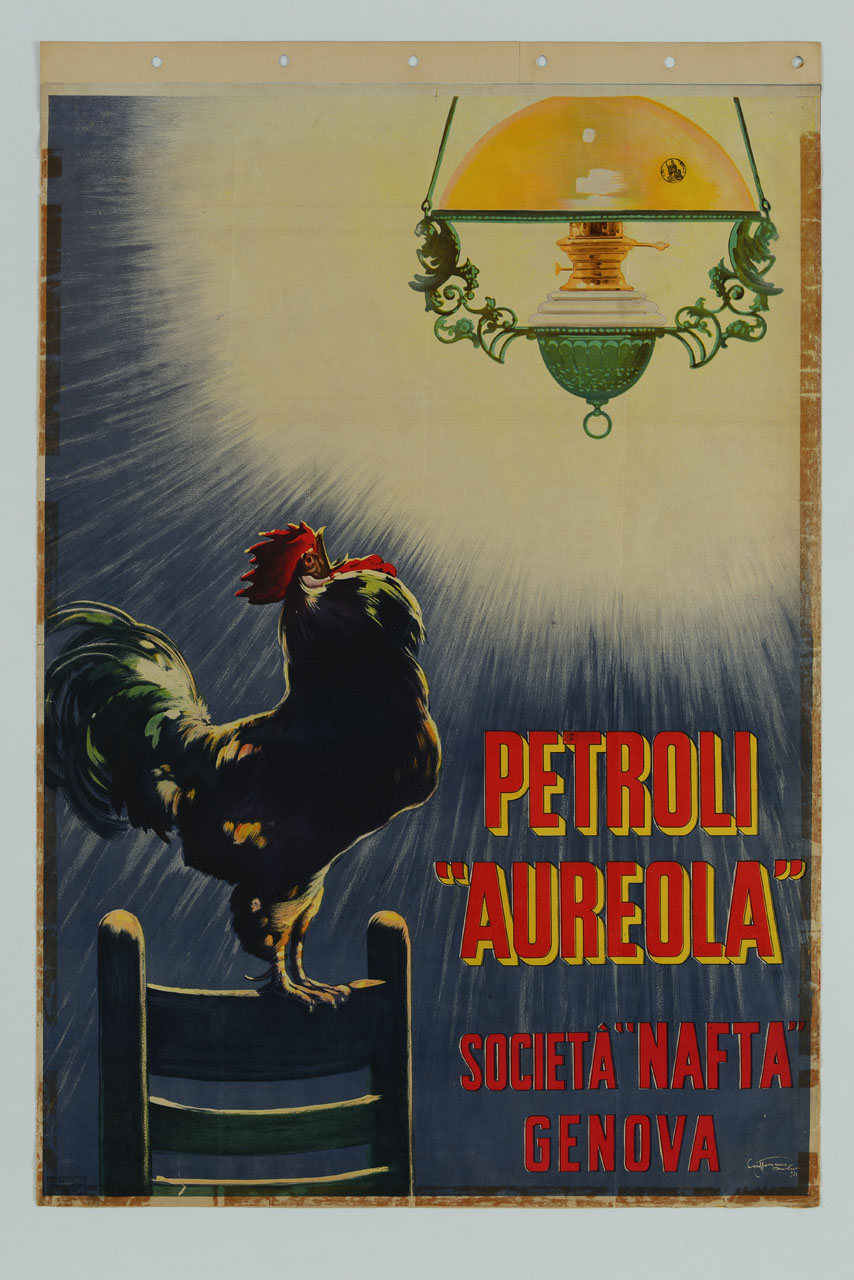 gallo osserva un lampadario acceso (manifesto) di Craffonara Aurelio (sec. XX)