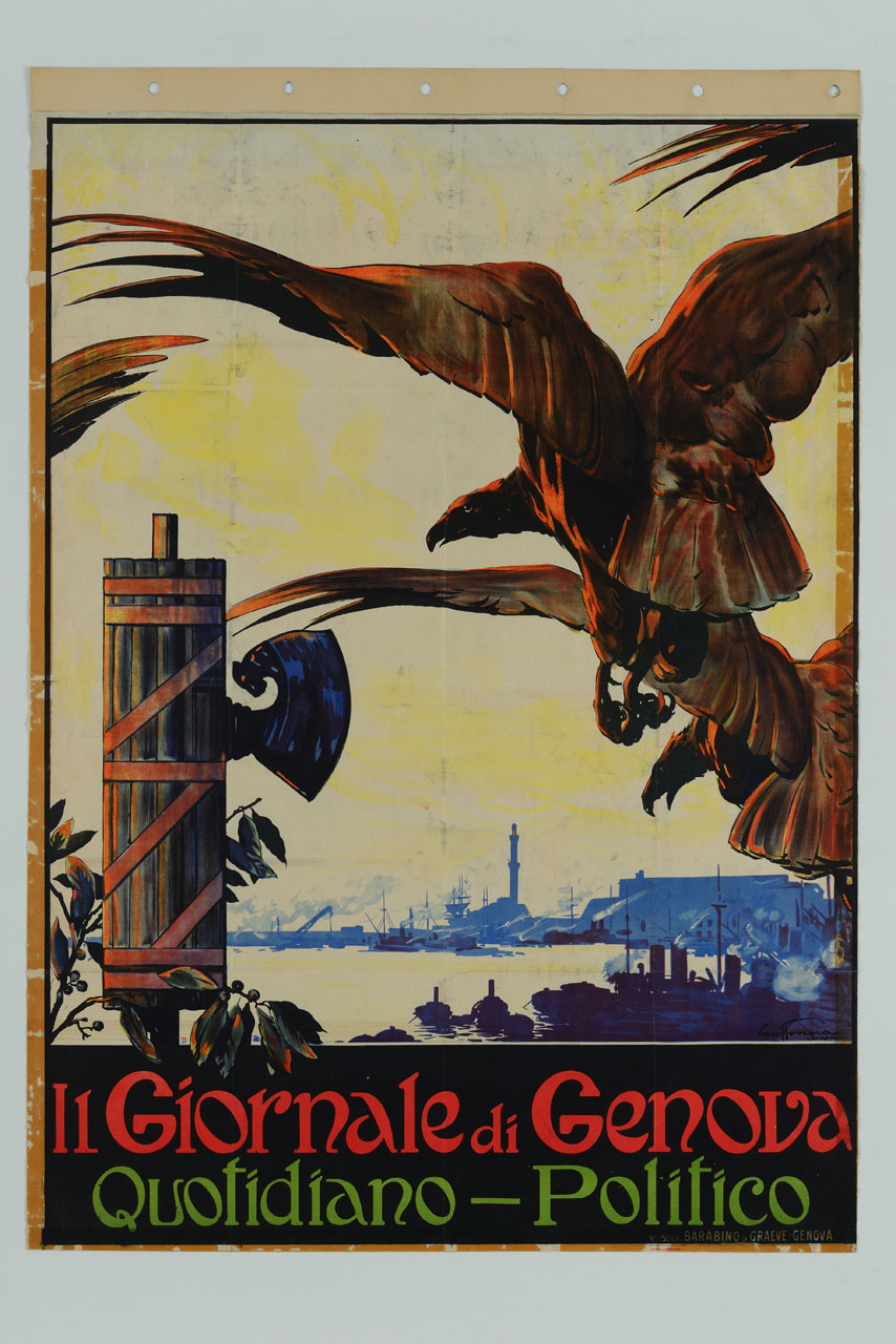 aquile in volo e fascio littorio sullo sfondo del porto di Genova (manifesto) di Craffonara Aurelio (sec. XX)