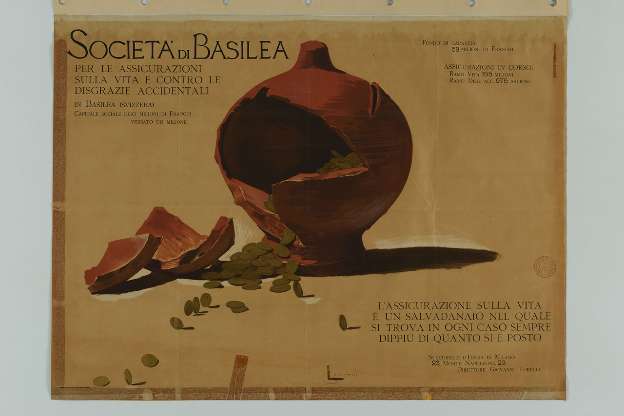 salvadanaio rotto dal quale fuoriescono monete (manifesto) di Conconi Luigi (sec. XX)