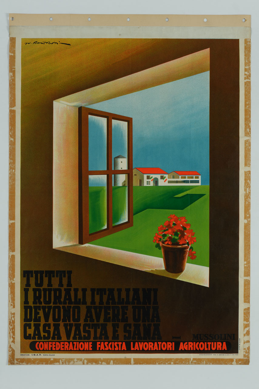 finestra con vaso di fiori aperta su un paesaggio agricolo (manifesto) di Roveroni Walter (sec. XX)