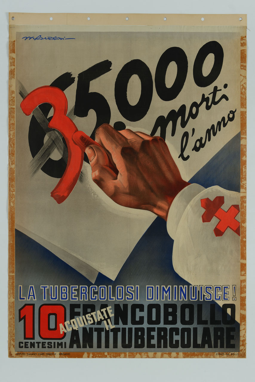 mano trasforma con un gessetto rosso la cifra 65.000 in 35.000 (manifesto) di Roveroni Walter (sec. XX)