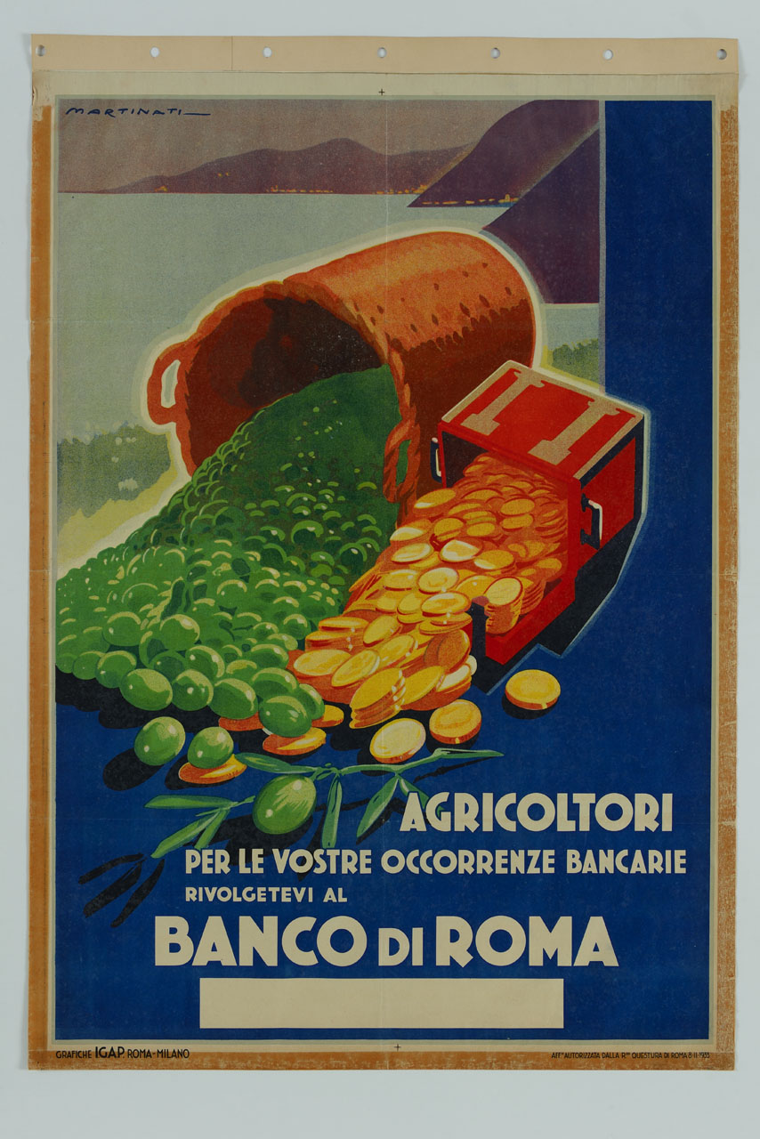 cesta con olive e cassa con monete sullo sfondo di un paesaggio costiero (manifesto) di Martinati Luigi (sec. XX)