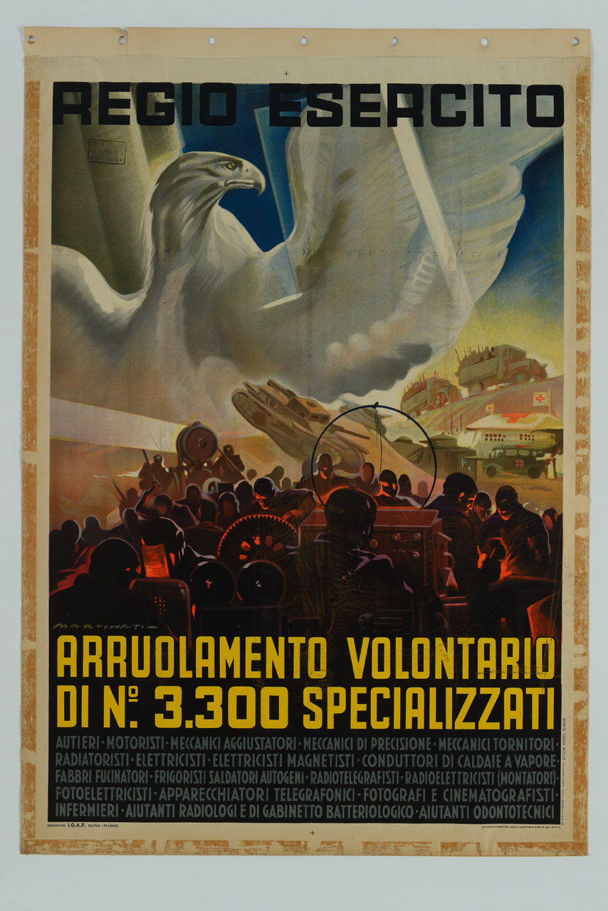 uomini alle prese con strumentazioni e veicoli dell'esercito sovrastati da aquila con ali spiegate (manifesto) di Martinati Luigi (sec. XX)
