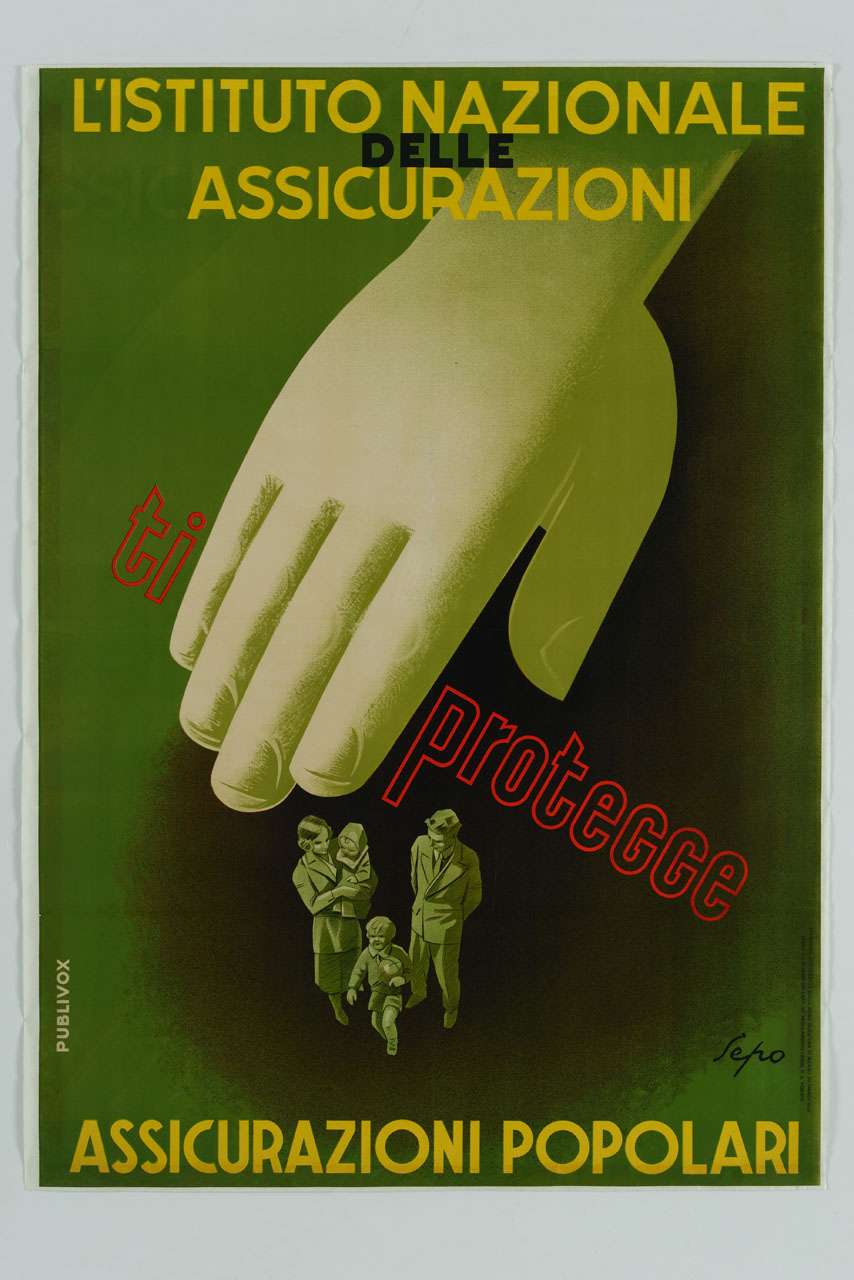grande mano protegge dall'alto una famiglia (manifesto) di Pozzati Severo detto Sepo (sec. XX)