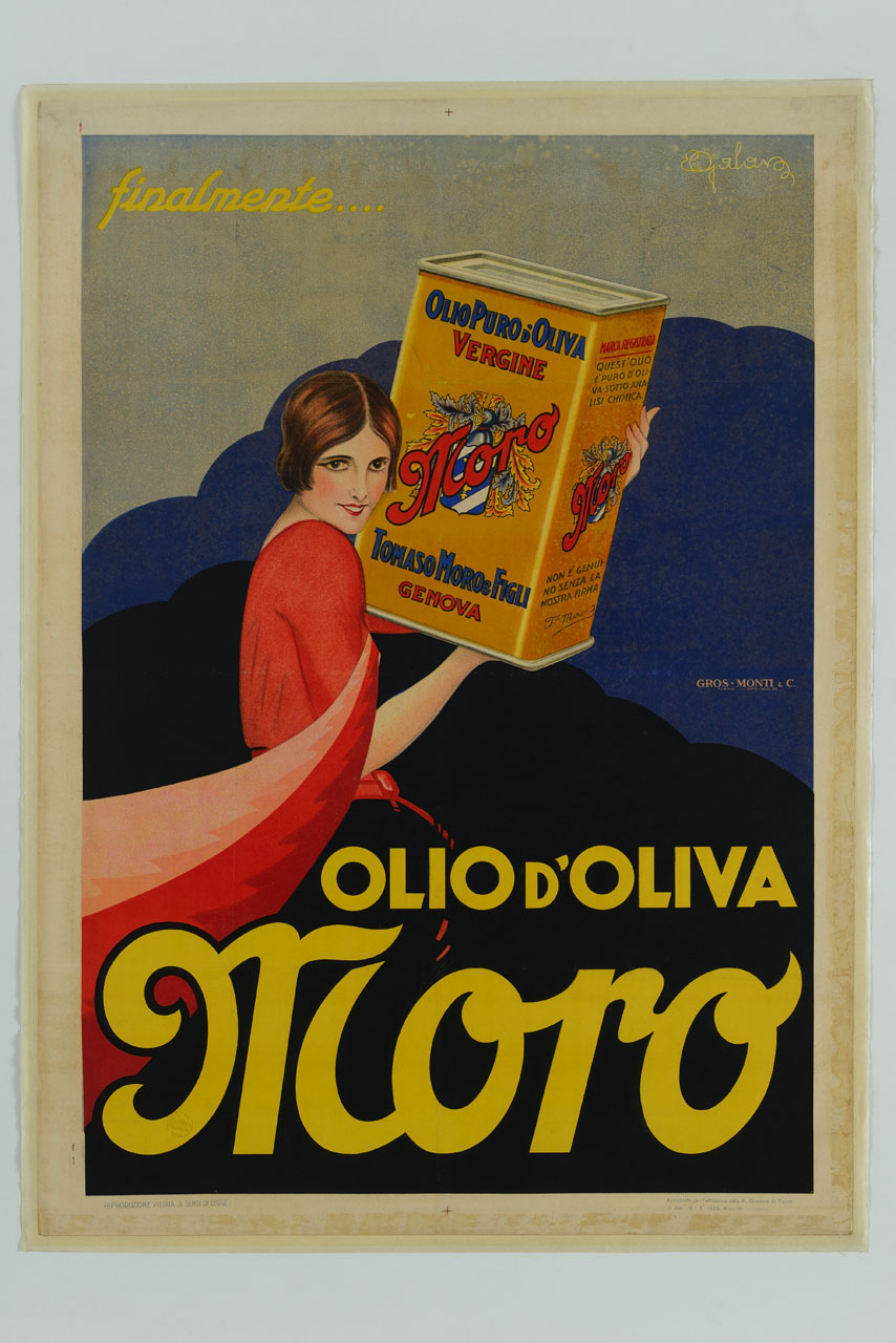 donna in camicia rossa abbraccia una lattina (manifesto) di Galaverna Ettore (sec. XX)