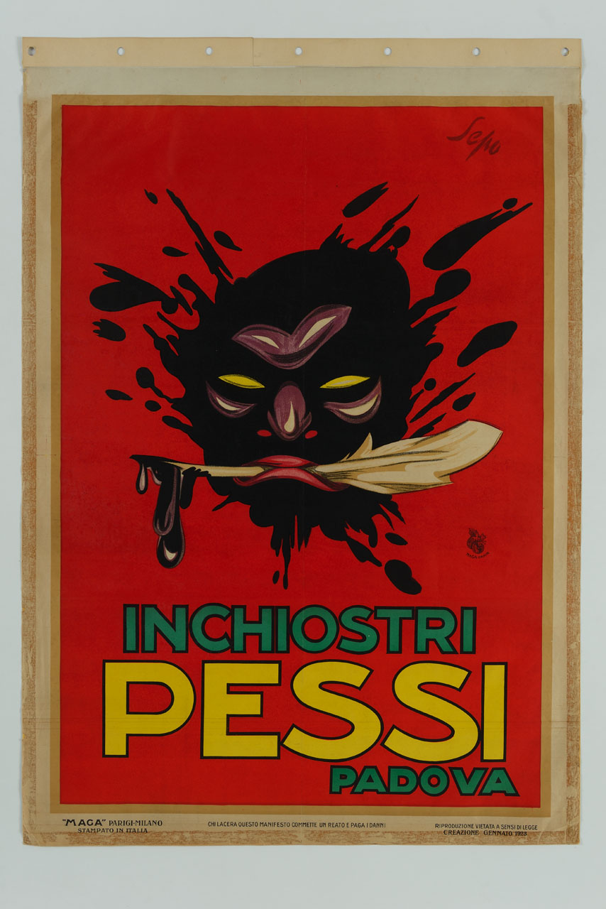 macchia d'inchiostro con volto di satiro mentre trattiene tra le labbra una penna d'oca gocciolante inchiostro (manifesto) di Pozzati Severo detto Sepo (sec. XX)
