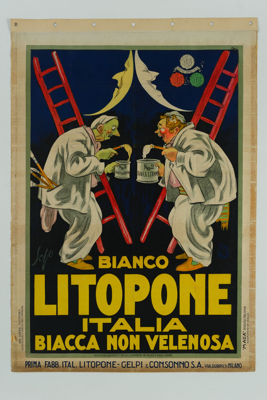 due maschere della commedia dell'arte con scala in spalla abbigliati da imbianchini mettono a confronto i loro pennelli intrisi di pittura (manifesto) di Pozzati Severo detto Sepo (sec. XX)