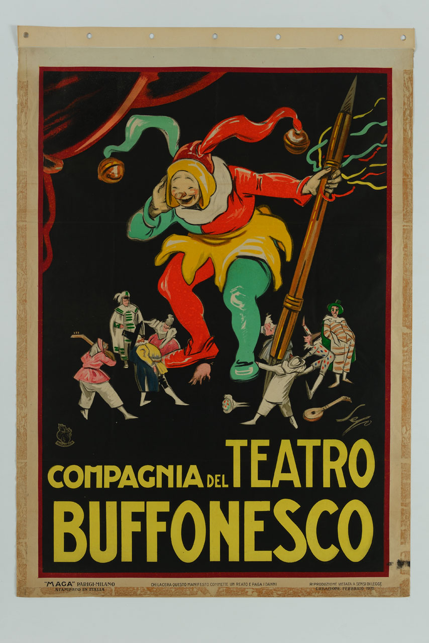 gigante buffone al centro della scena circondato da piccoli personaggi della commedia dell'arte (manifesto) di Pozzati Severo detto Sepo (sec. XX)
