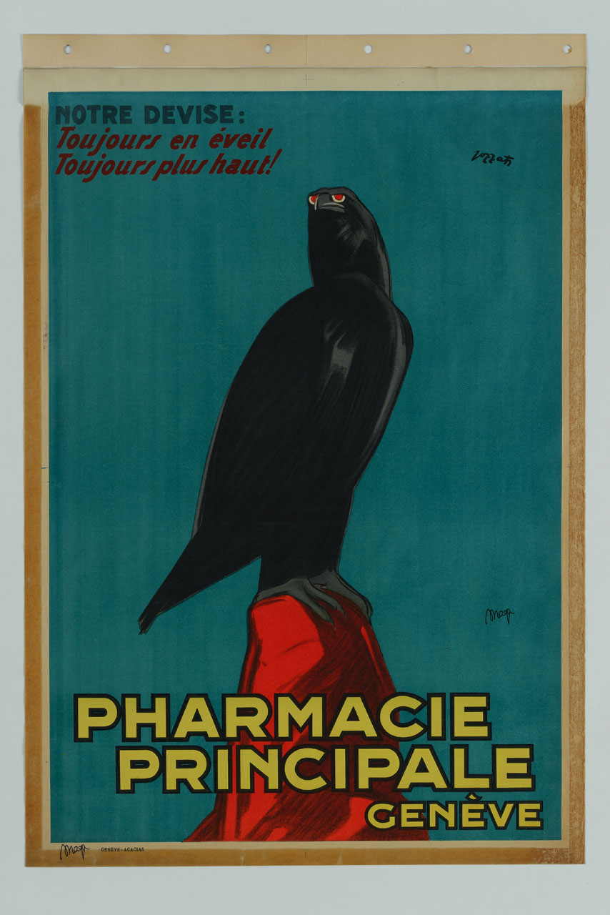 aquila appollaiata su uno sperone di roccia (manifesto) di Pozzati Mario (sec. XX)