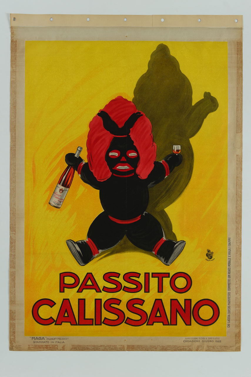 pupazzo nero con parrucca rossa tiene in mano una bottiglia e un bicchiere (manifesto) di MAGA (sec. XX)