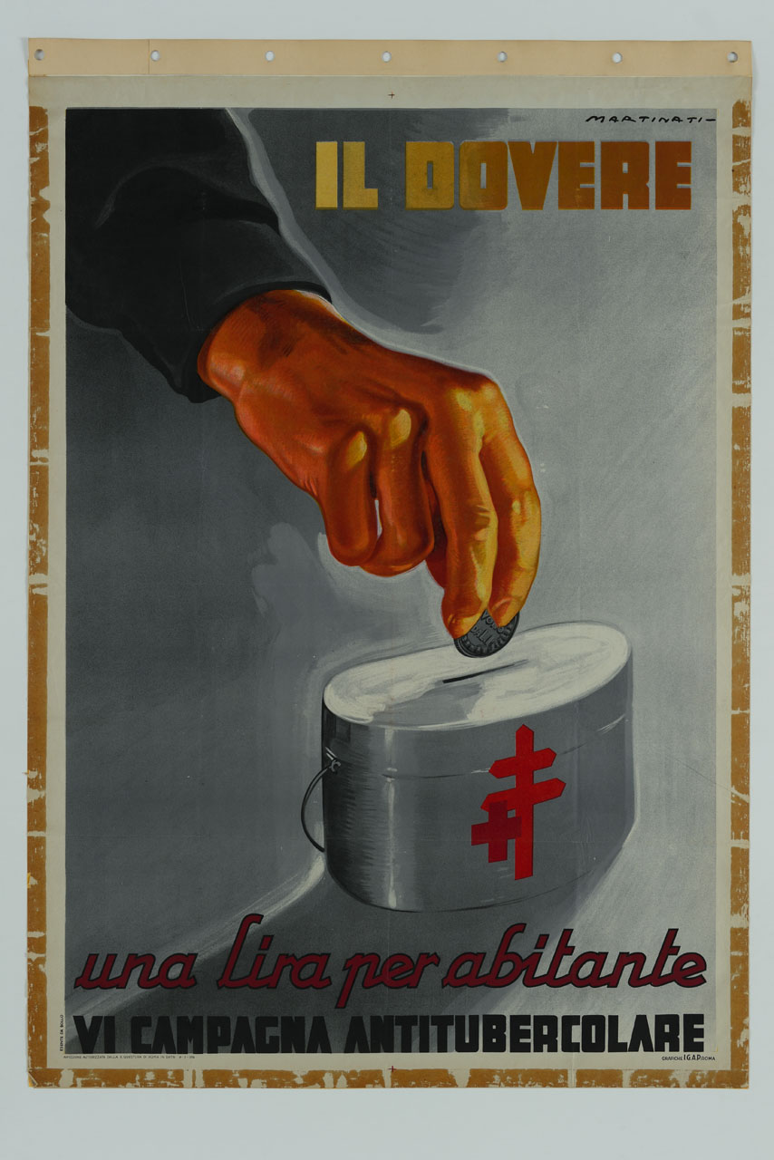 mano nell'atto di mettere una moneta in un salvadanaio (manifesto) di Martinati Luigi (sec. XX)