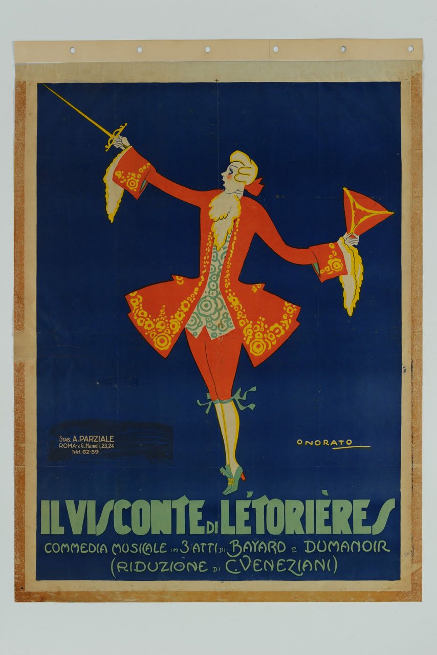 uomo in polpe e marsina con una mano tiene il tricorno mentre con l'altra brandisce uno spadino (manifesto) di Onorato Umberto (sec. XX)