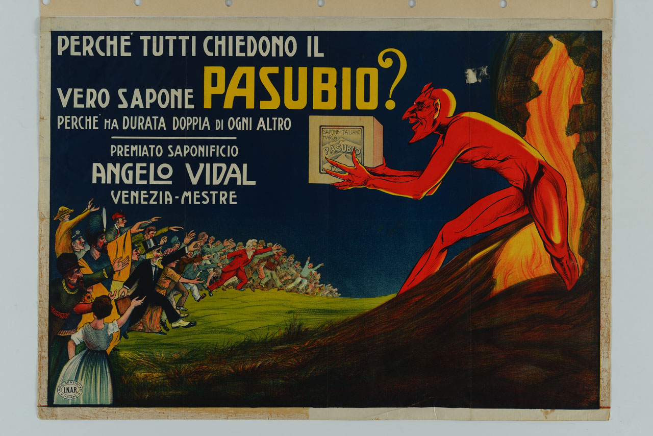 demone mostra una scatola di sapone a una folla accorrente (manifesto) - ambito italiano (sec. XX)