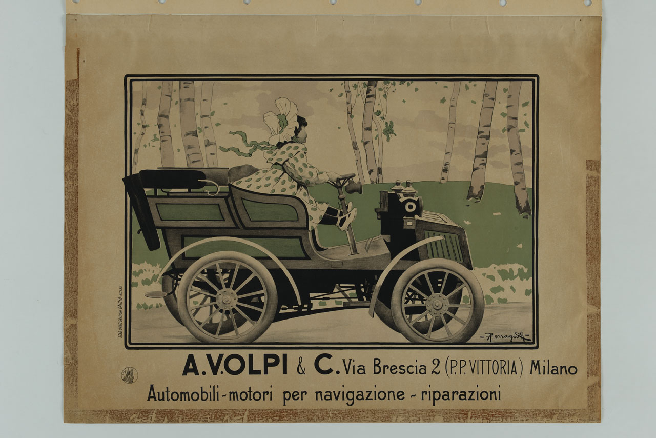 bambina alla guida di un'automobile in un bosco (manifesto) di A. Ferraguti - ambito italiano (sec. XX)