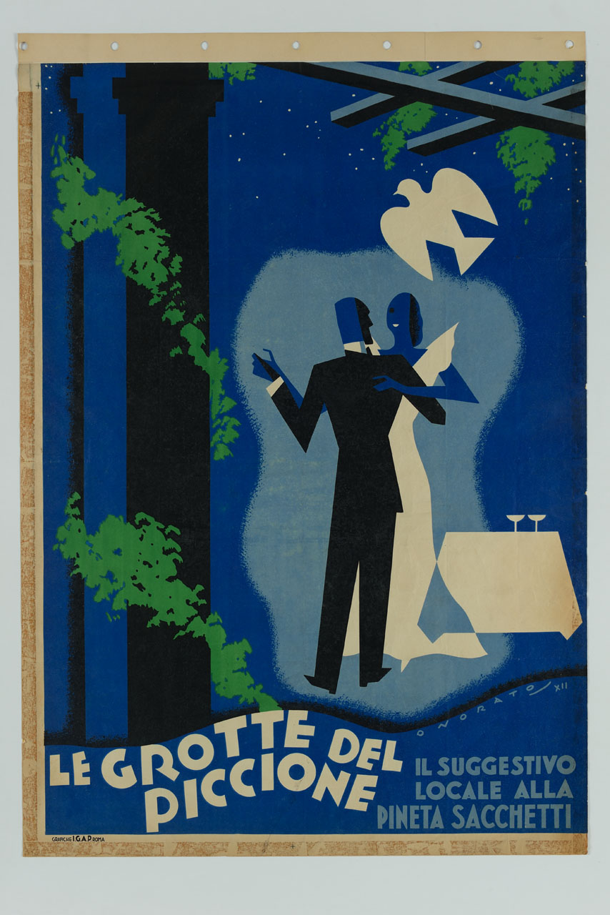 coppia balla sotto un pergolato e un piccione in volo (manifesto) di Onorato Umberto (sec. XX)