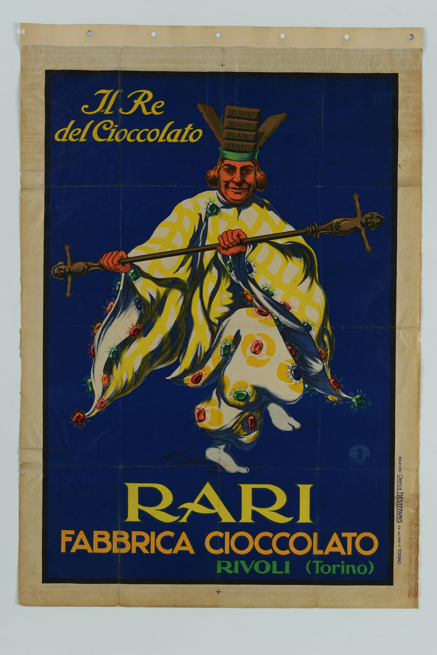 giullare con corona di cioccolato, manto di caramelle e scettro di dolciumi (manifesto) - ambito italiano (sec. XX)