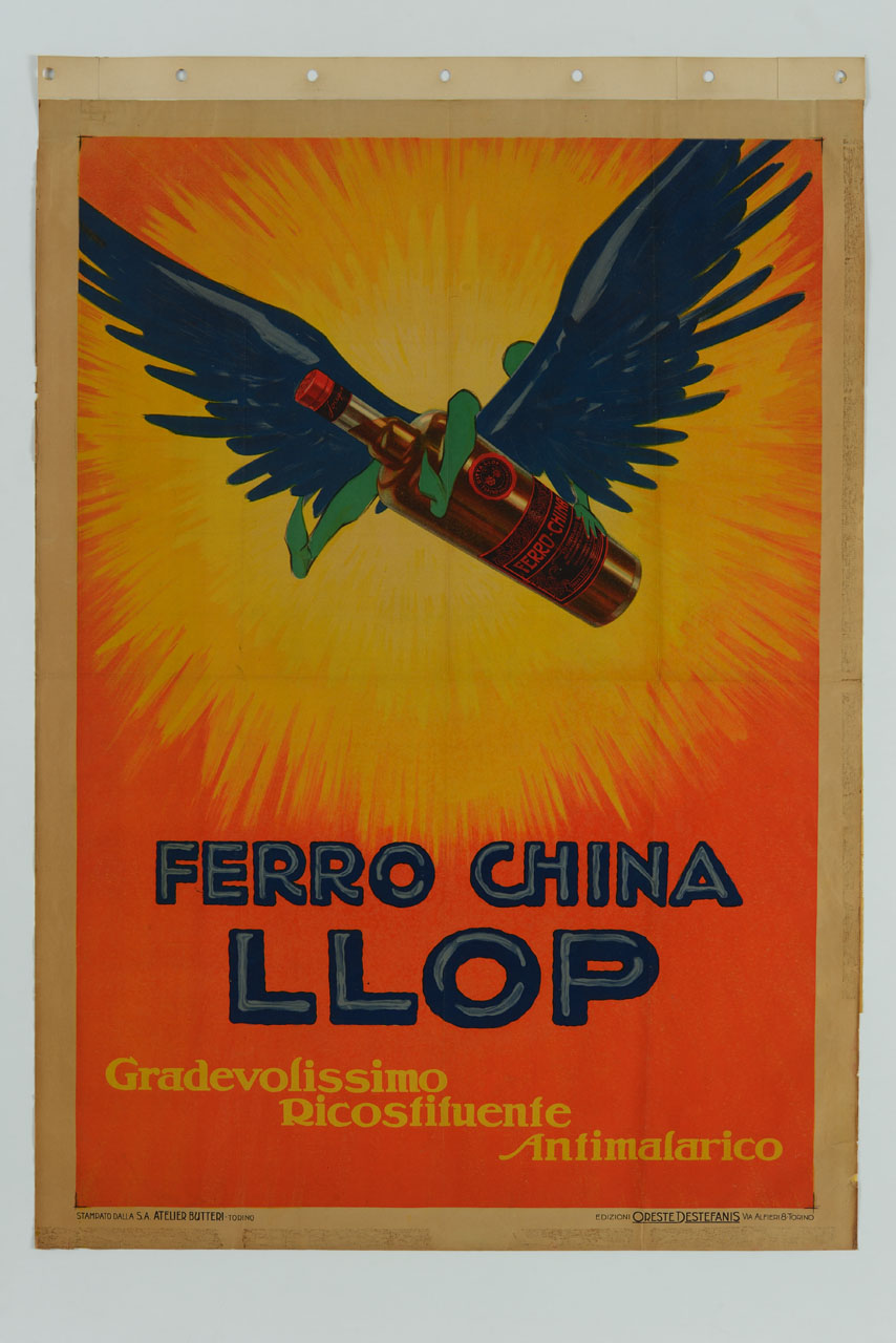 bottiglia con grandi ali blu cavalcata da uomo di colore verde vola verso il sole (manifesto) - ambito italiano (sec. XX)