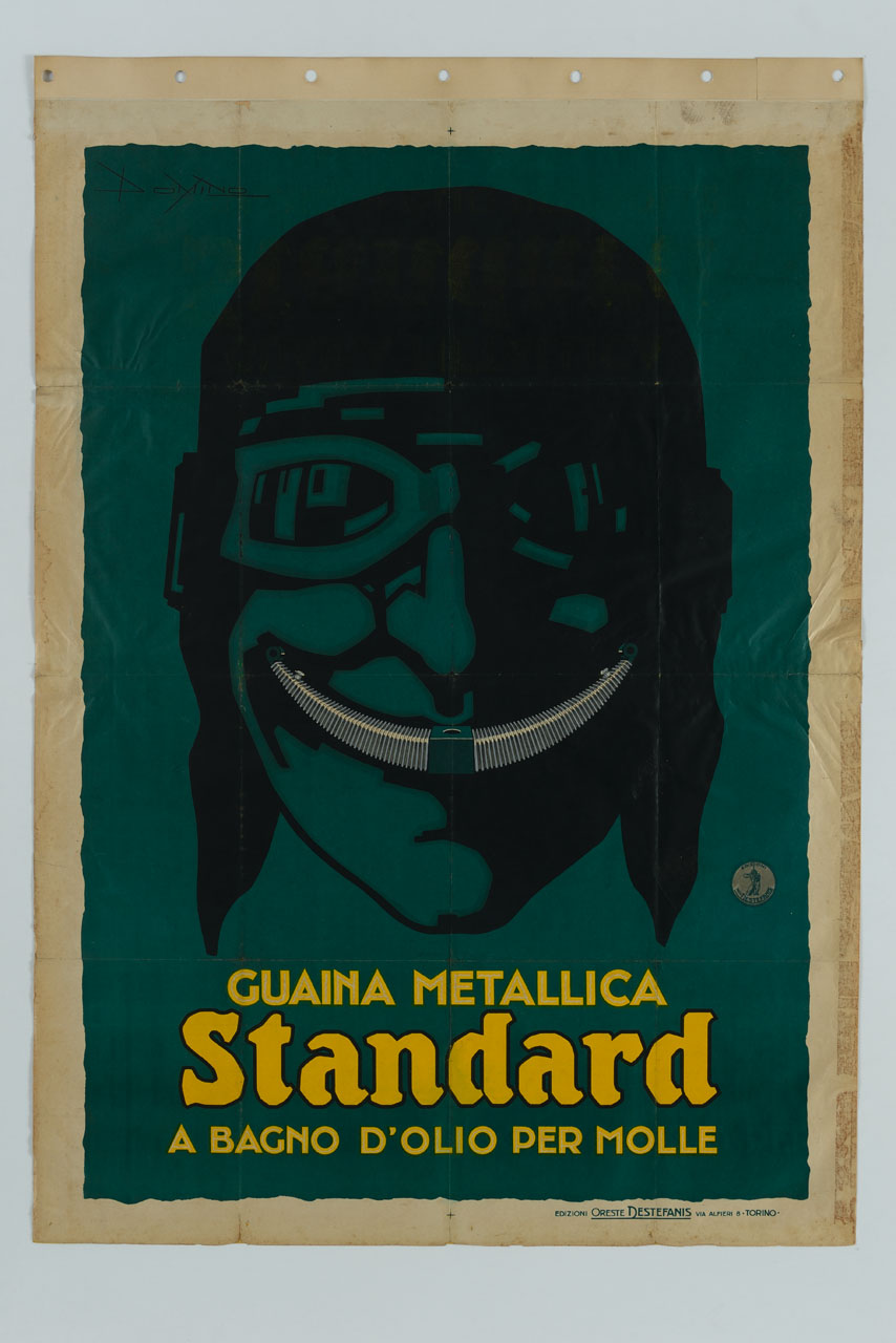 volto d'uomo con cuffia e occhiali da motociclista e molla al posto della bocca (manifesto) di Domino (sec. XX)