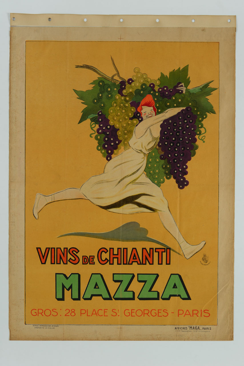 donna corre stringendo tra le braccia grandi grappoli d'uva (manifesto) di MAGA (sec. XX)