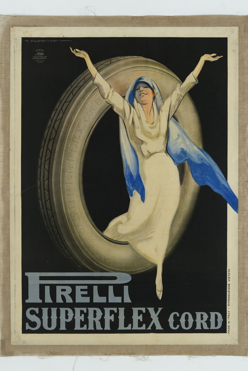 donna in abito bianco esce come una diva da un pneumatico (manifesto) di Dudovich Marcello (sec. XX)