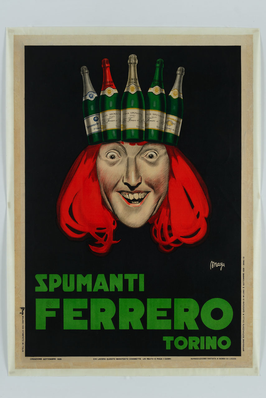 volto di un re con lunghi capelli rossi e corona di bottiglie in testa (manifesto) di Magagnoli Giuseppe detto Maga (sec. XX)
