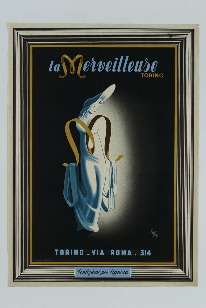 figur femminile in abito lungo con braccia fatte da nastro intrecciato (manifesto) di Pozzati Severo detto Sepo (sec. XX)