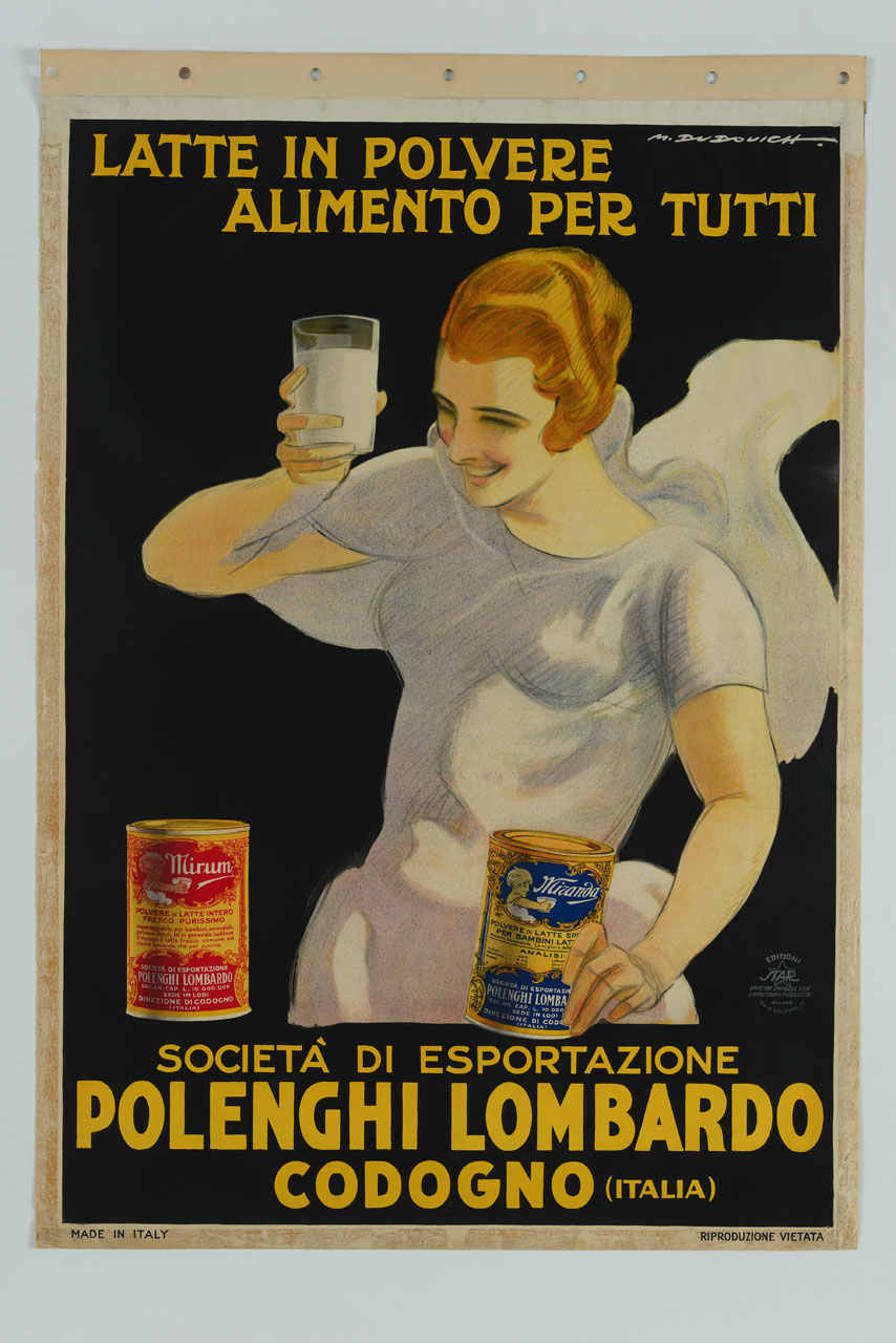 donna sorridente con un bicchiere di latte in mano e un barattolo di latte in polvere (manifesto) di Dudovich Marcello (sec. XX)