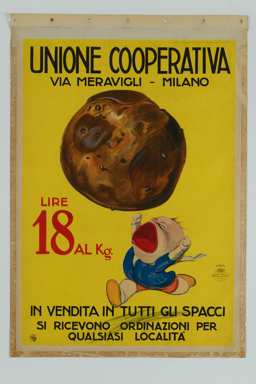 bambino insegue urlando un grande panettone volante (manifesto) di Dudovich Marcello (sec. XX)