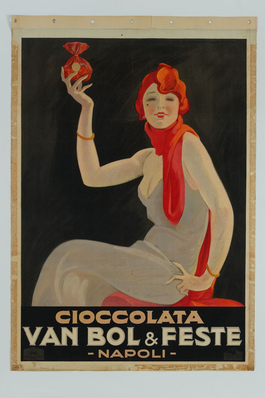 donna seduta in abito bianco e sciarpa rossa solleva un sacchetto (manifesto) di Dudovich Marcello (sec. XX)