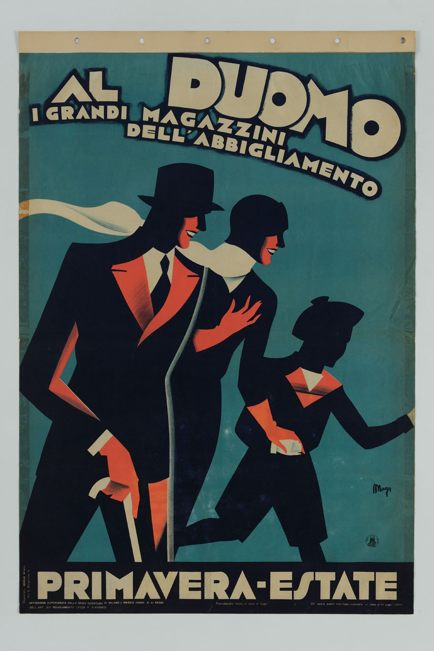 uomo donna e bambino corrono assieme sorridenti (manifesto) di Magagnoli Giuseppe detto Maga (sec. XX)