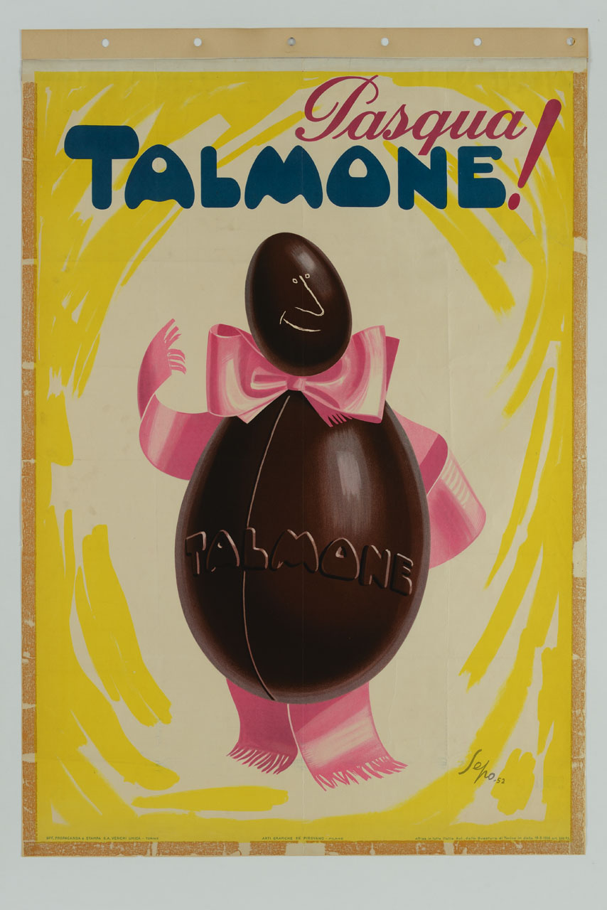 uovo di cioccolato con testa d'uomo infiocchettato con nastro rosa (manifesto) di Pozzati Severo detto Sepo (sec. XX)