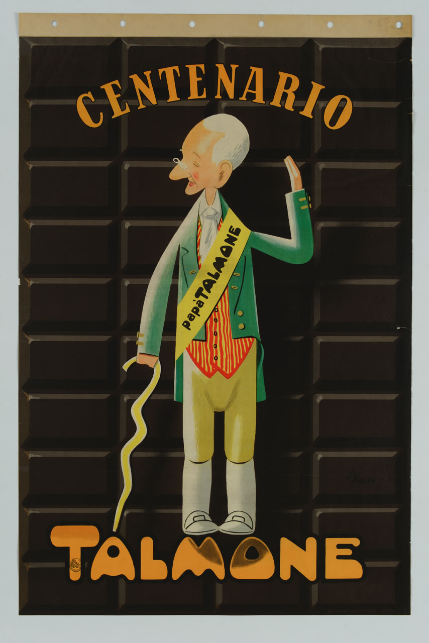 vecchio signore con fascia da cerimonia sullo sfondo di una tavoletta di cioccolato (manifesto) di Pozzati Severo detto Sepo (sec. XX)