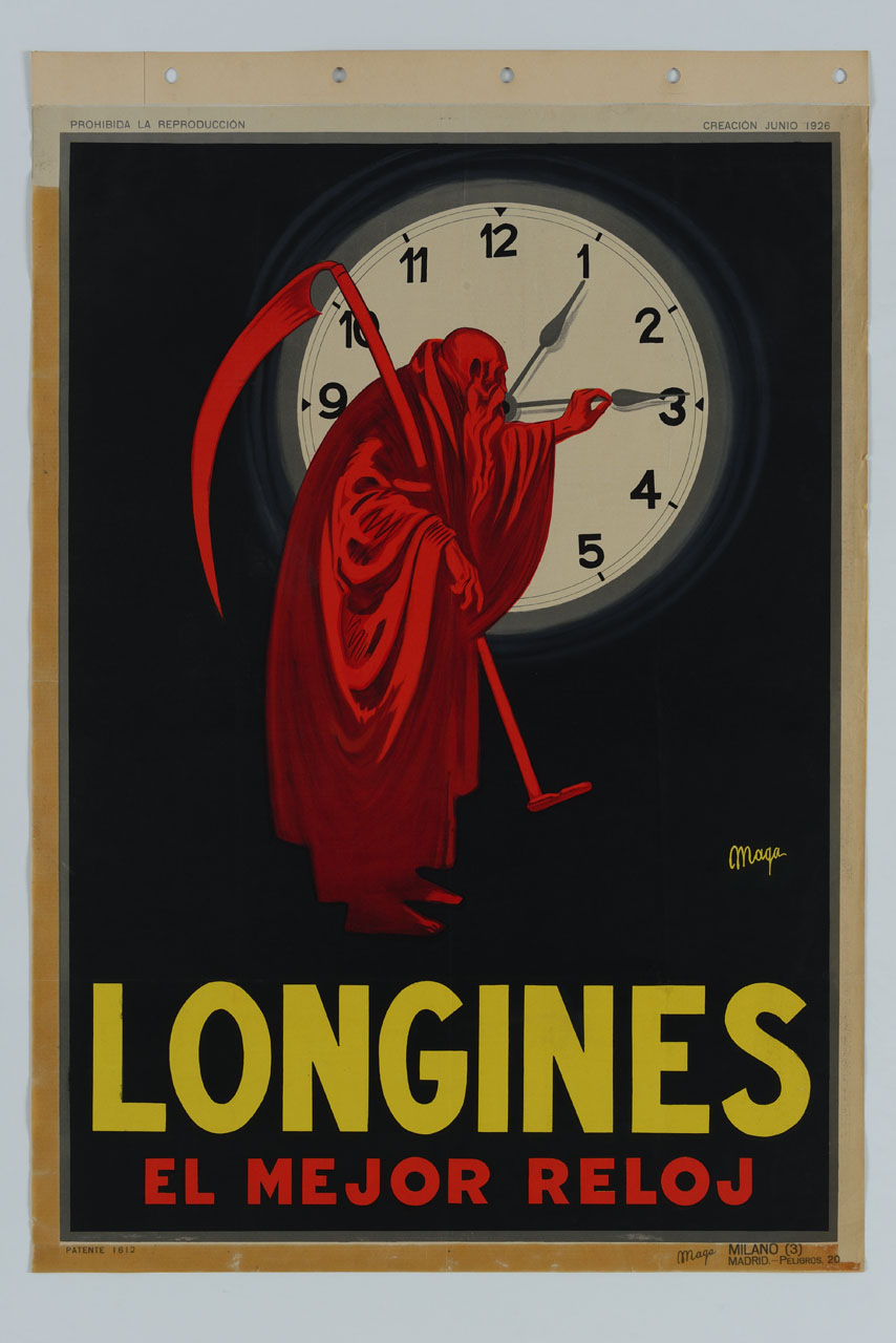 Morte sposta le lancette di un orologio (manifesto) di Magagnoli Giuseppe detto Maga (sec. XX)