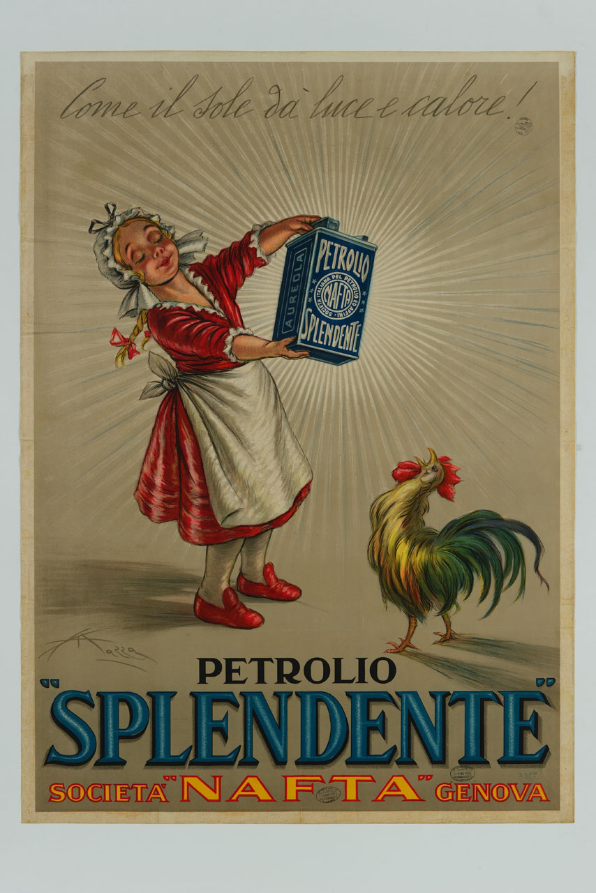 bambina mostra una latta di carburante a un gallo (manifesto) di Mazza Aldo (sec. XX)