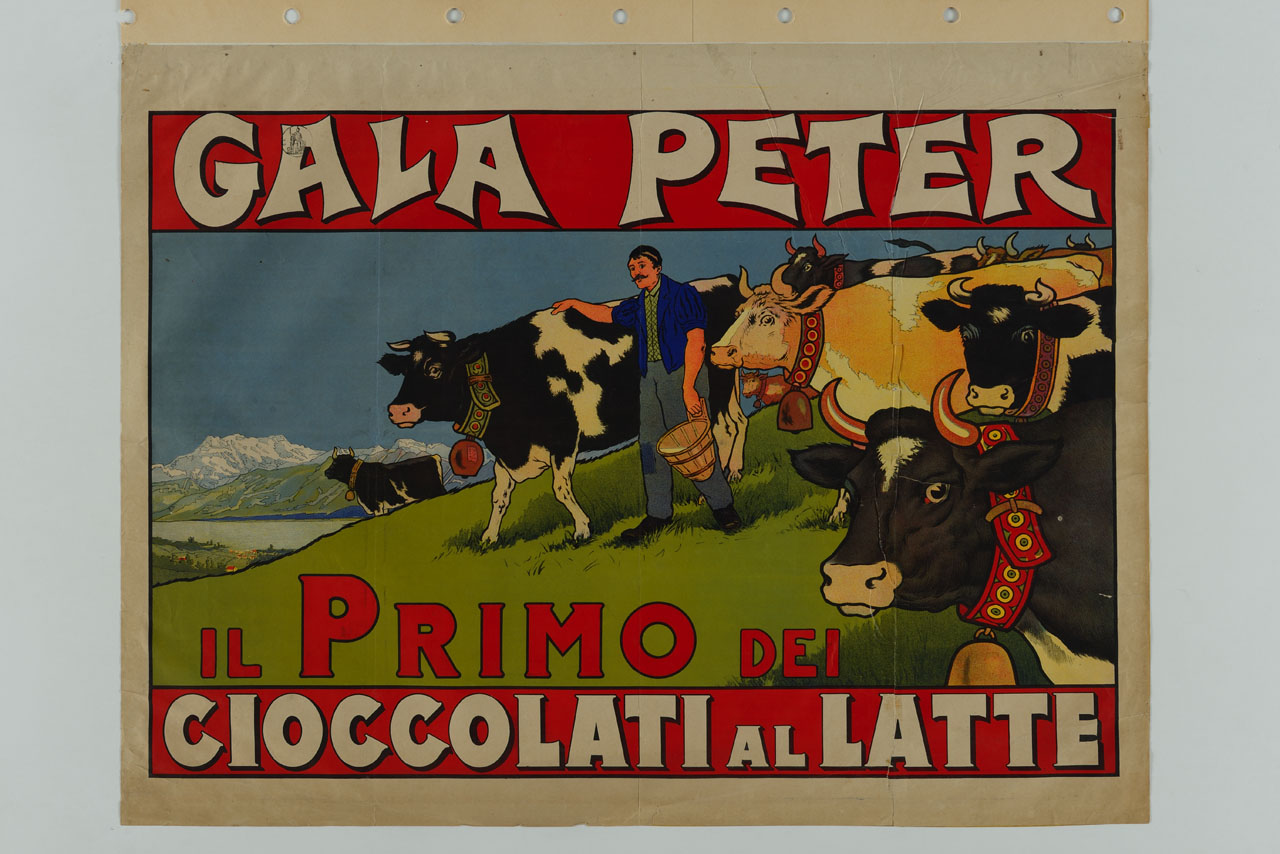 allevatore ha munto una mucca sullo sfondo di un paesaggio montuoso (manifesto) - ambito italiano (sec. XX)