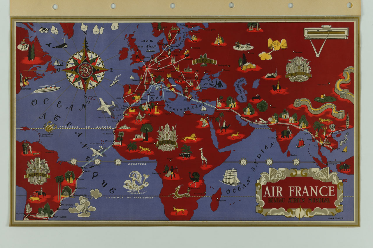 planisfero con rotte aeree animato da figure, animali e architetture (manifesto) di Boucher Lucien (sec. XX)