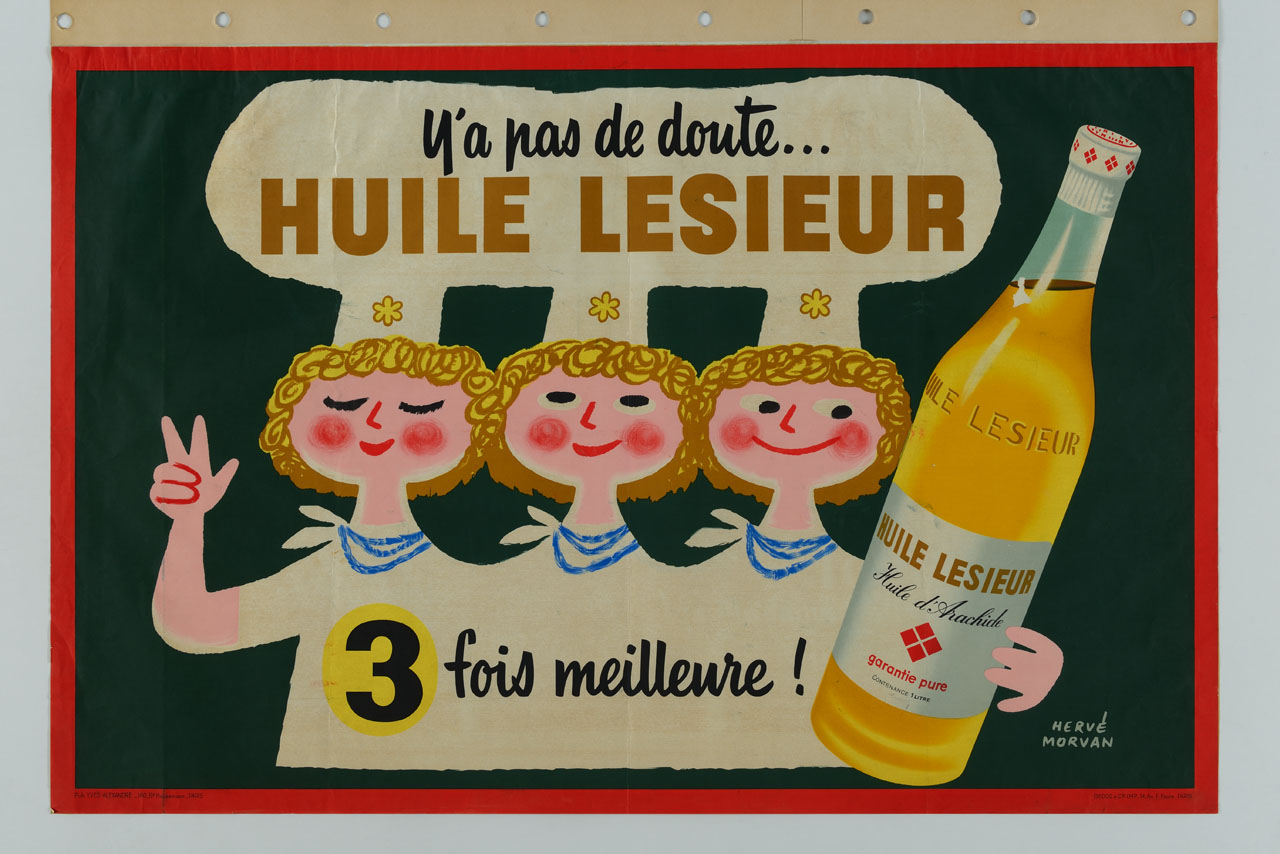 tre donne con cappello da cuoco sorridono a una bottiglia (manifesto) di Morvan Hervé (sec. XX)