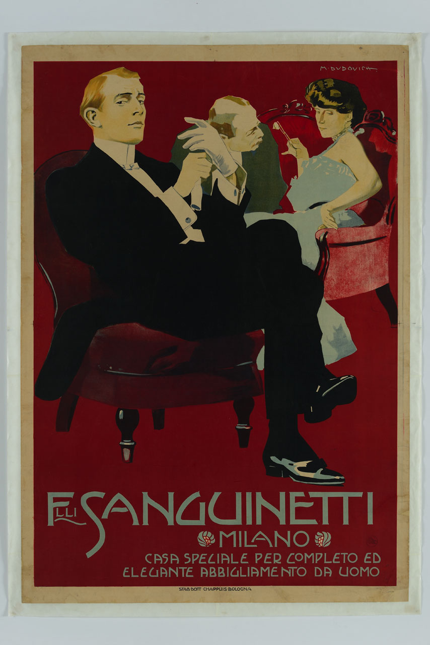 autoritratto di Marcello Dudovich in frac seduto su poltrona mentre di infila i guanti sullo sfondo uomo e donna su divano in atteggiamento confidenziale (manifesto) di Dudovich Marcello (sec. XX)