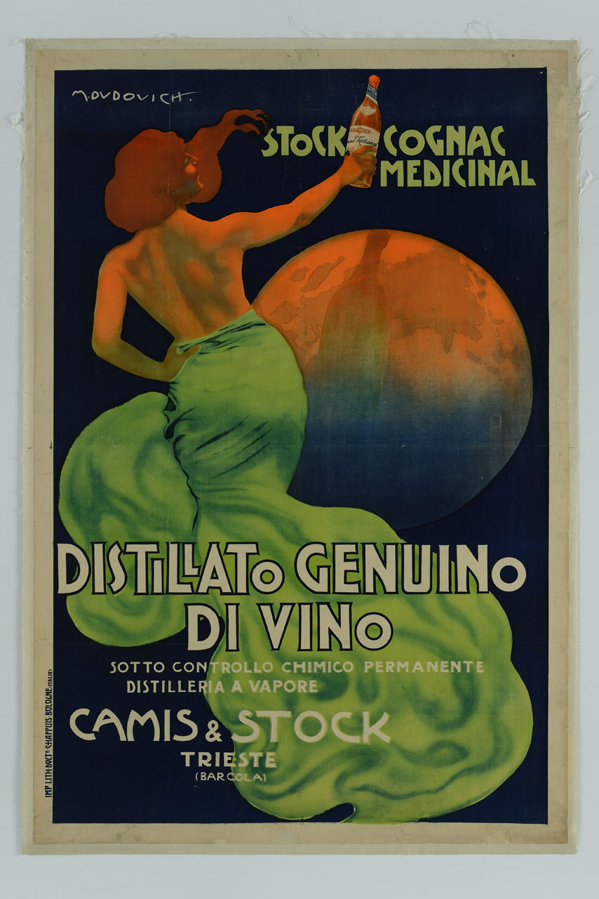 donna seminuda di spalle tiene sollevato in mano una bottiglia che si riflette sul Globo terrestre (manifesto) di Dudovich Marcello (sec. XX)